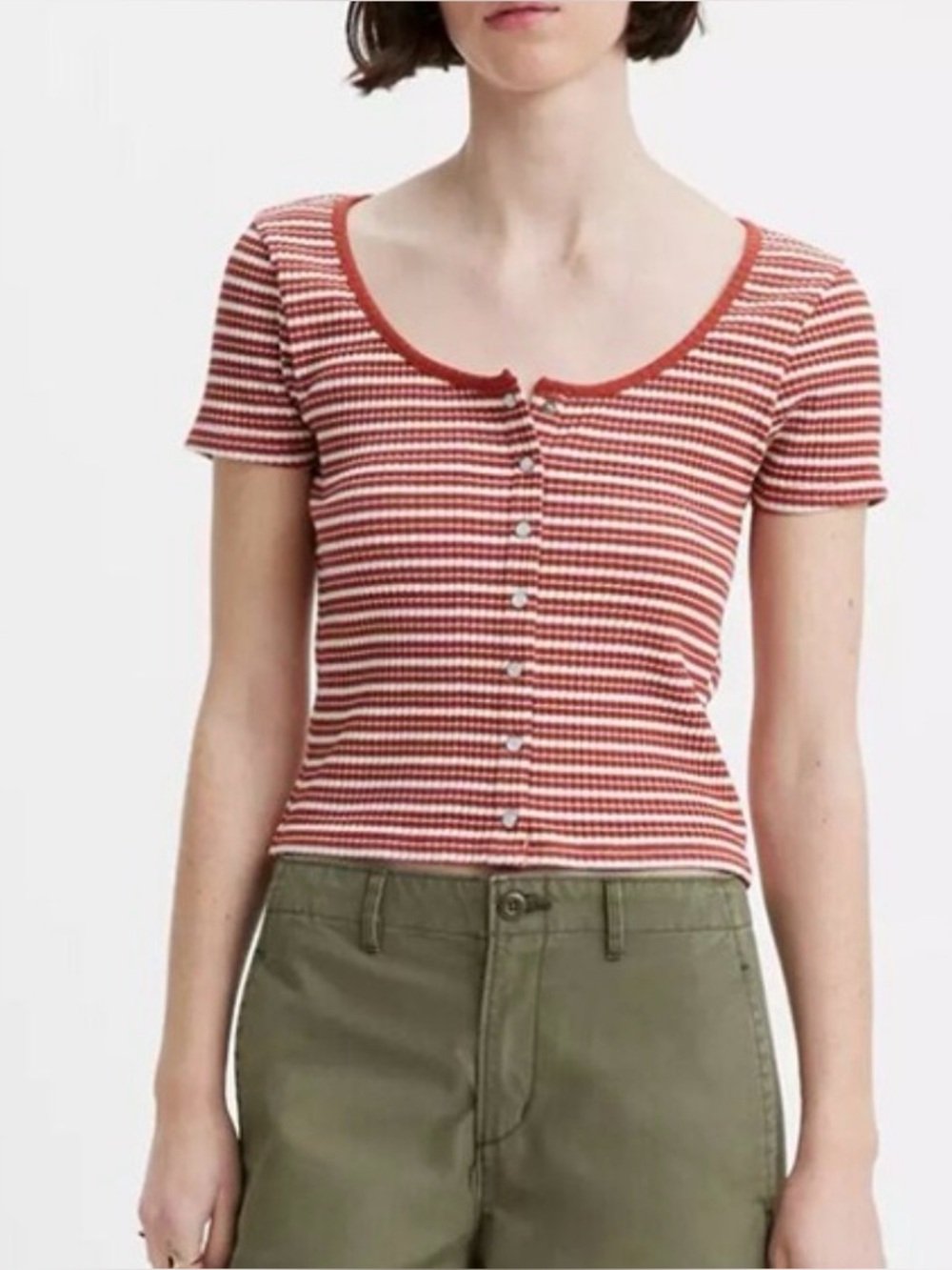 Levi’s Womens Medium Red White Striped Ribbed Knit Snap Button Front Crop Top